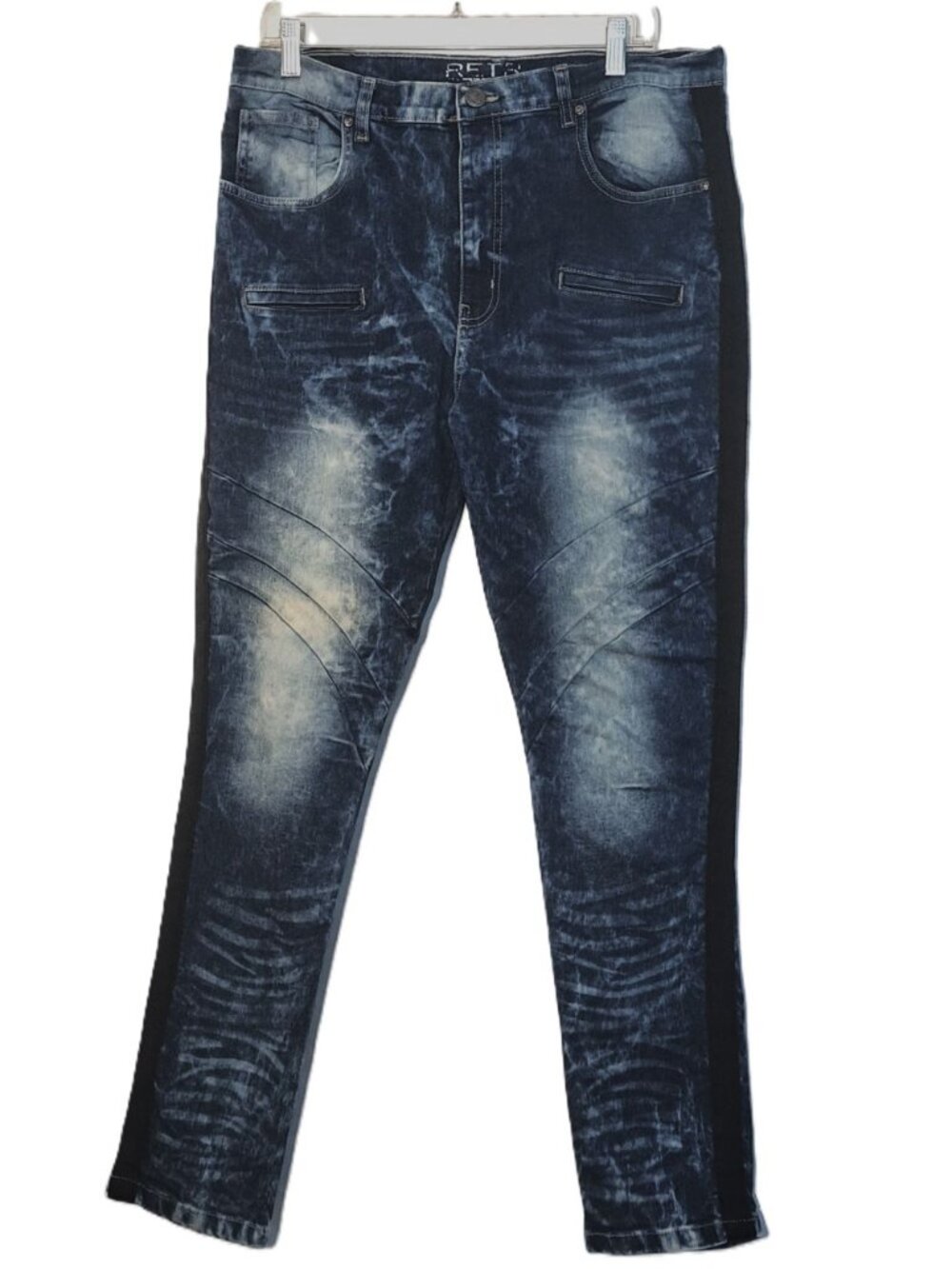 Retro Stitch Biker Jeans Mens 38x32 Acid Wash Moto Skinny Black Side Stripe Y2K